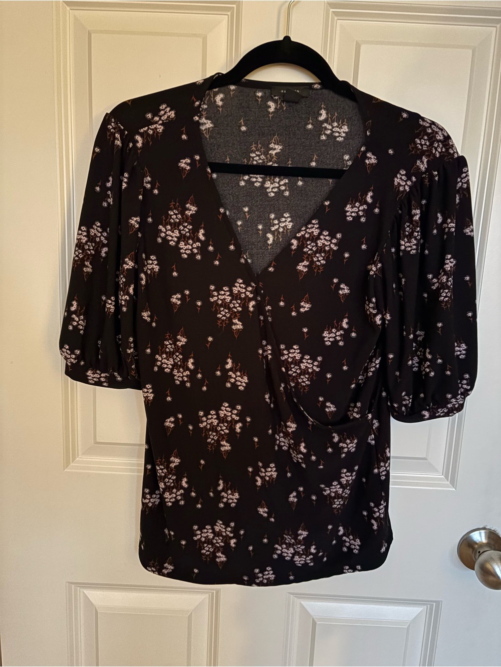 Halogen Black Floral Wrap-Style V-Neck Blouse